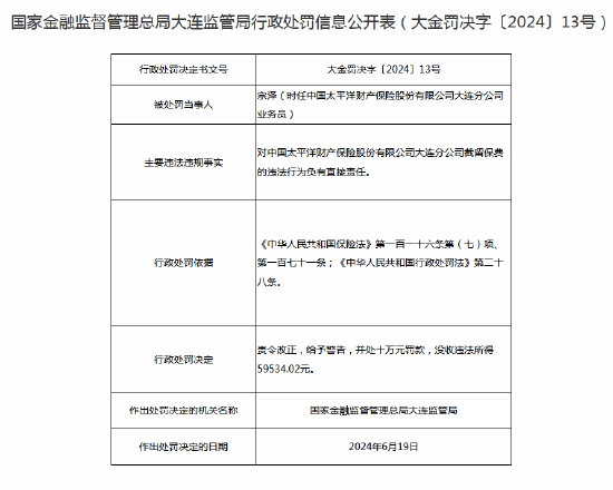 截留保费？太平洋财险收罚单！涉事业务员被罚10万并没收违法所得近6万元  第2张