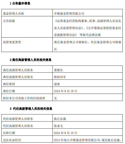 中银基金高管变更：欧阳向军退休离任 执行总裁张家文代任督察长职务  第1张